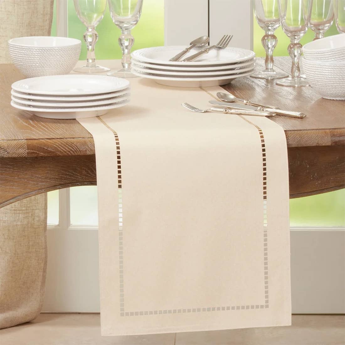 9738 - Ivory Laser-Cut Hemstitch Table Runner