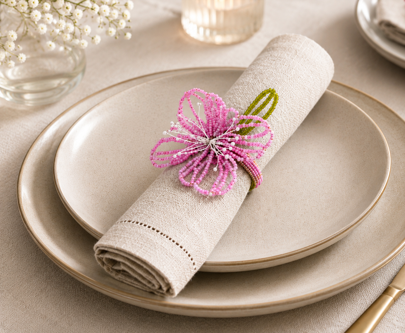 Pink Blossom Hand-Beaded Napkin Ring