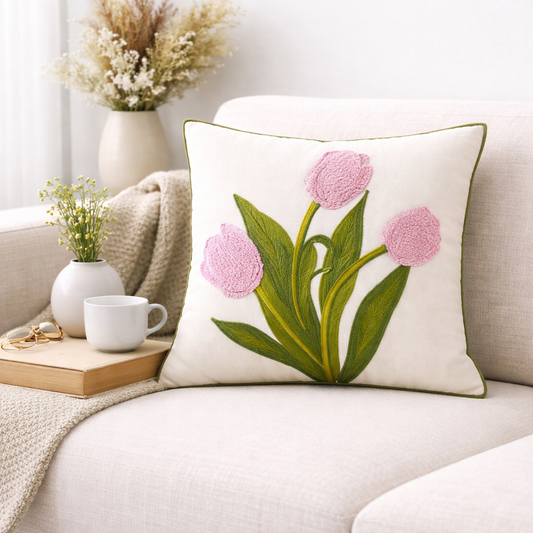 Embroidered Pink Tulip 18" Throw Pillow