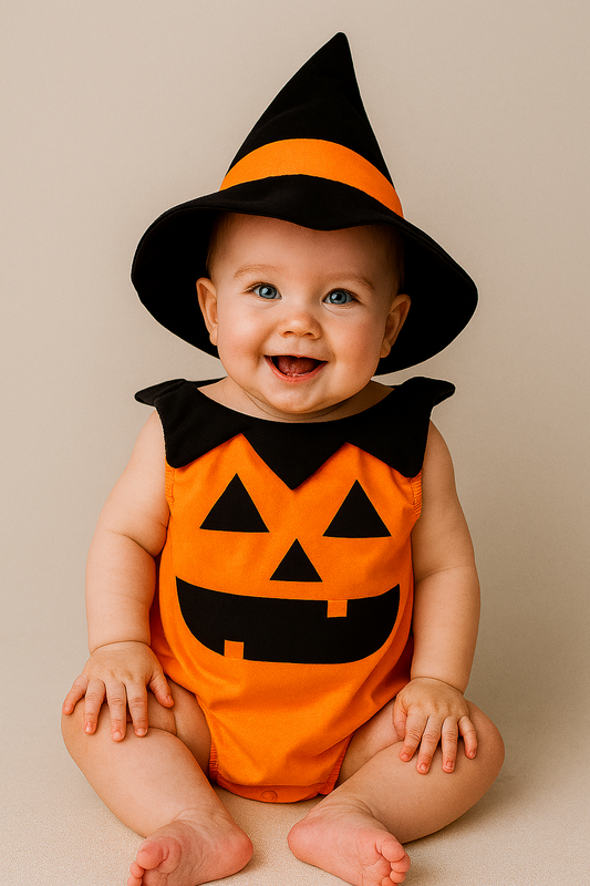 Pumpkin Face Sleeveless Romper & Hat 2pcs Baby Costume Set