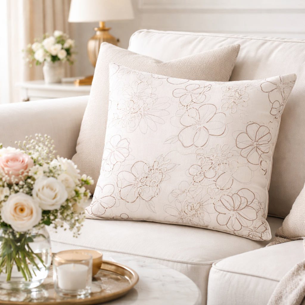 2002 - Ivory Embroidered Floral Cotton 18" Filled Throw Pillow