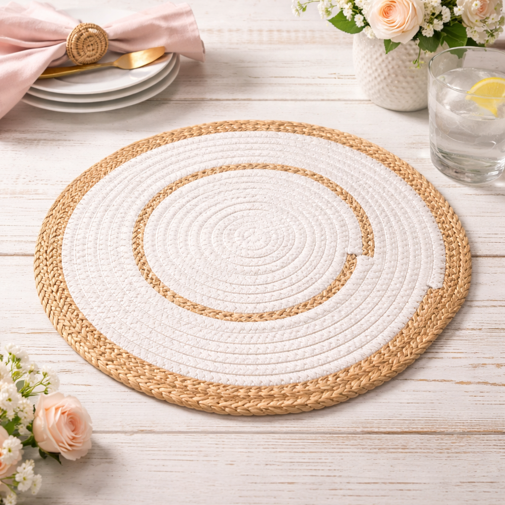 White Hand-Woven Rattan Cotton Rope Placemat