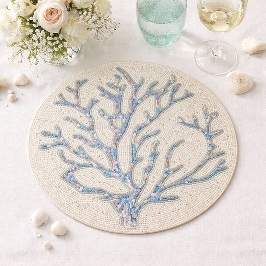 9081 - Aqua Sequined Coral Beaded 15" Round Placemat