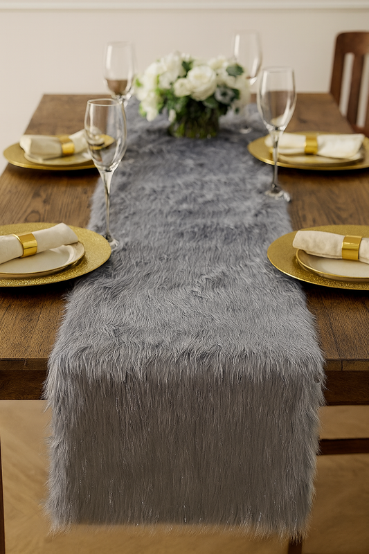 TBL0005 - Grey Faux Fur Silver Lurex Thread Table Runner