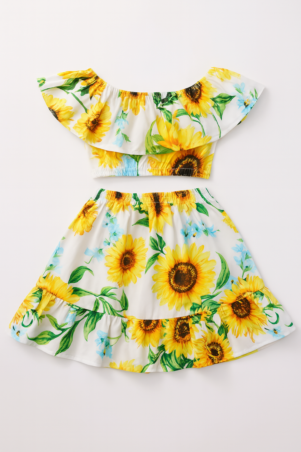 Sunflower Off Shoulder Crop Top and Skirt 2pcs Girl Outfit