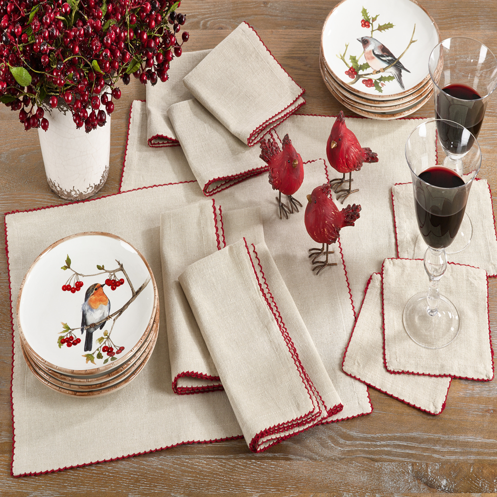 105 - Red Crochet Scalloped Cotton Natural 20" Cloth Napkin