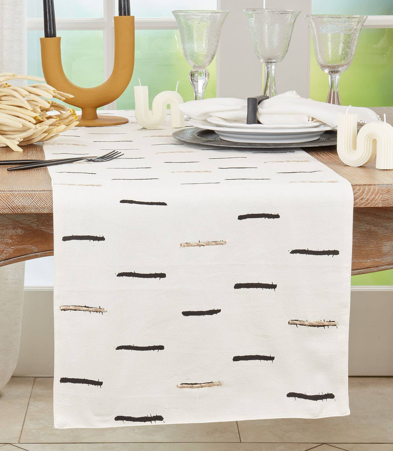 716 - Embroidered Dashes 16"X72" Cotton Table Runner