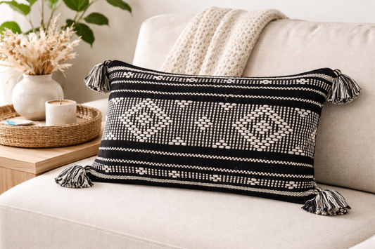 Black-White Woven Diamond Cotton 12"x20" Throw Pillow