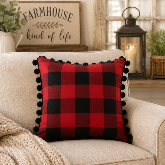 Buffalo Plaid Pom Pom Trim Cotton 17" Throw Pillow