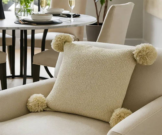 Natural Chunky Knit Pom Pom 16" Throw Pillow