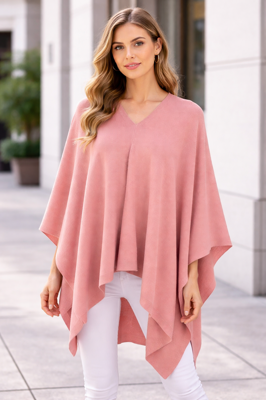 Pink Knit Solid Soft Pullover Poncho Sweater