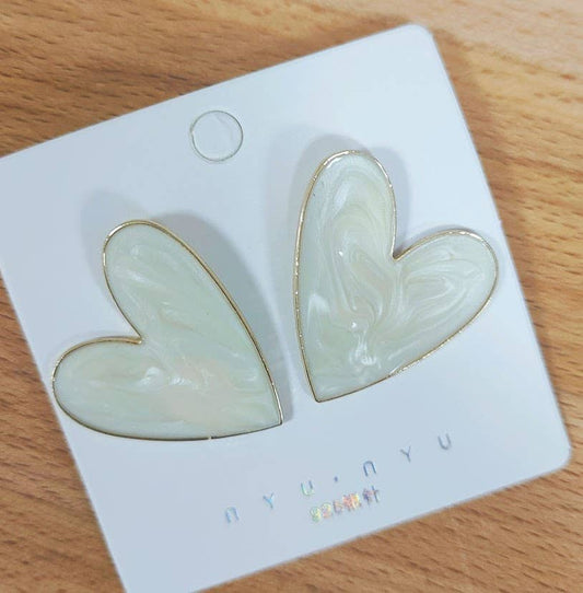 Oversized White Glaze Gold Heart Stud Earrings