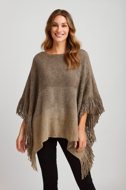 Taupe Knit Two-Tone Batwing Fringe Poncho Sweater