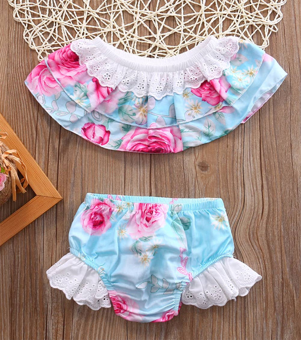 Blue Floral Off-Shoulder Girl Top and Bloomers