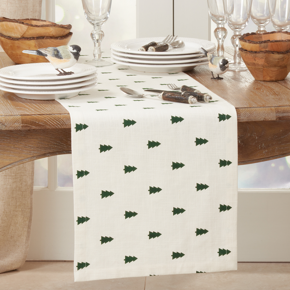 502 - Green Christmas Ivory Cotton Table Runner