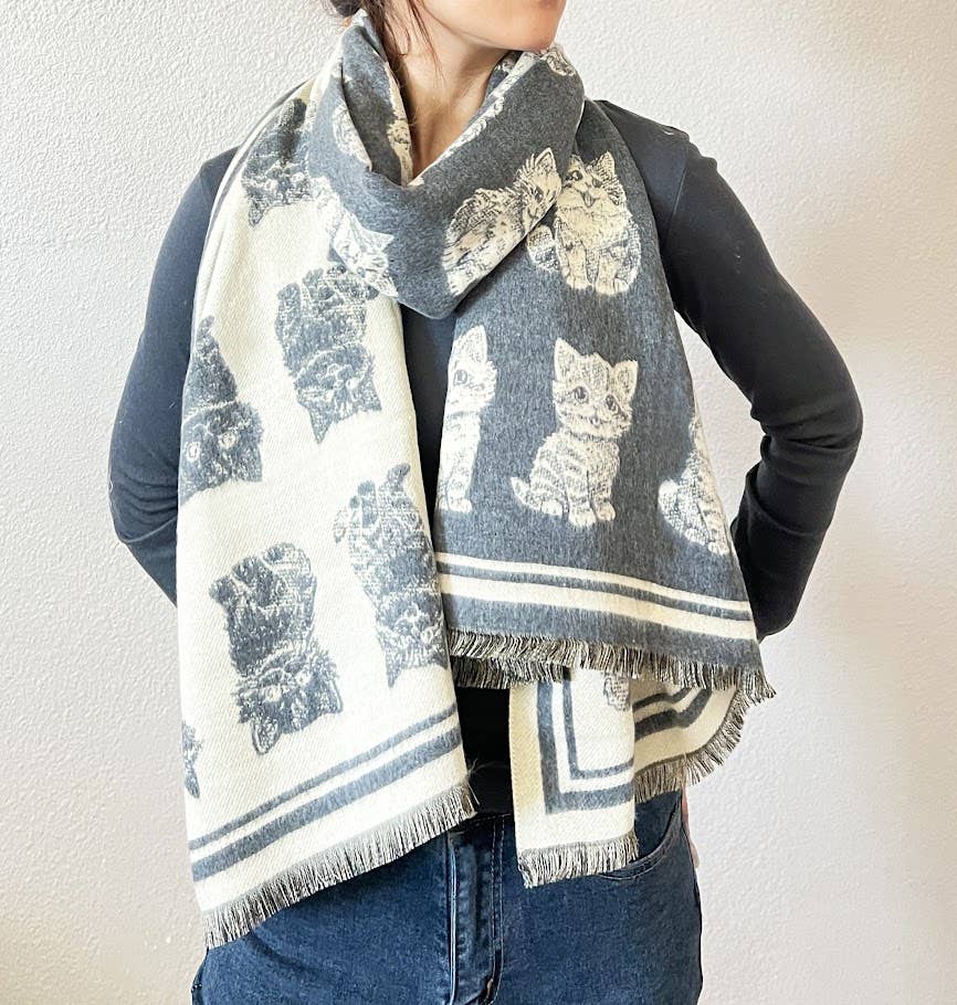 Grey Kitten Print Reversible Cashmere Wrap Scarf