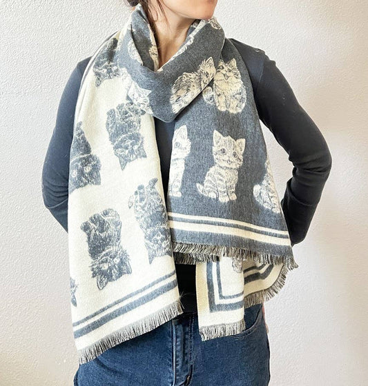 Grey Kitten Print Reversible Cashmere Wrap Scarf