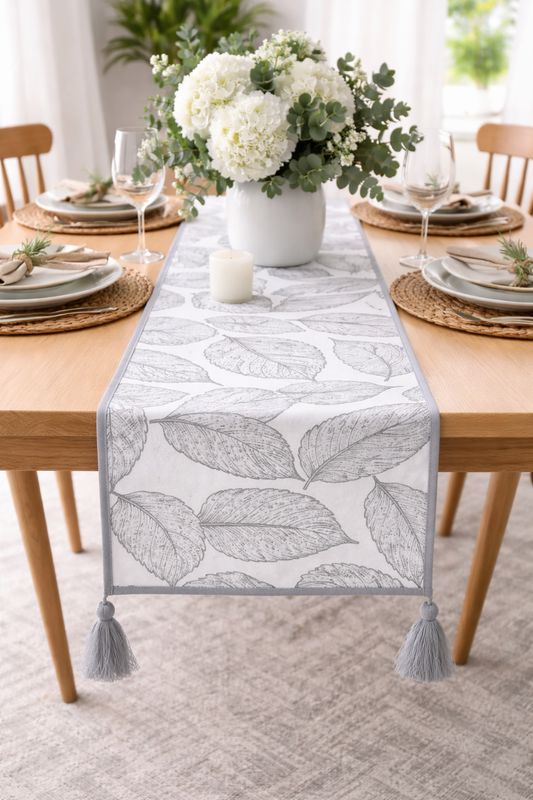 Grey and White Leaf Pattern 14"x71" Table Runner