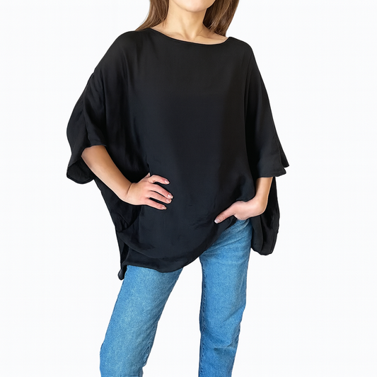Black Asymmetrical Hem Boat Neck Loose Tunic
