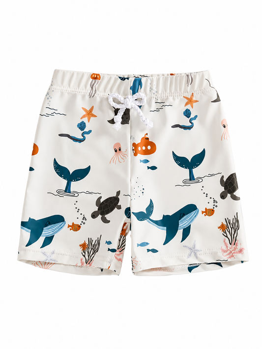 White Ocean Animals Print Boys Swim Shorts