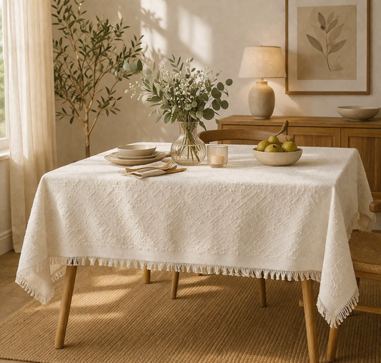 White Modern Textured Fringed Tablecloth