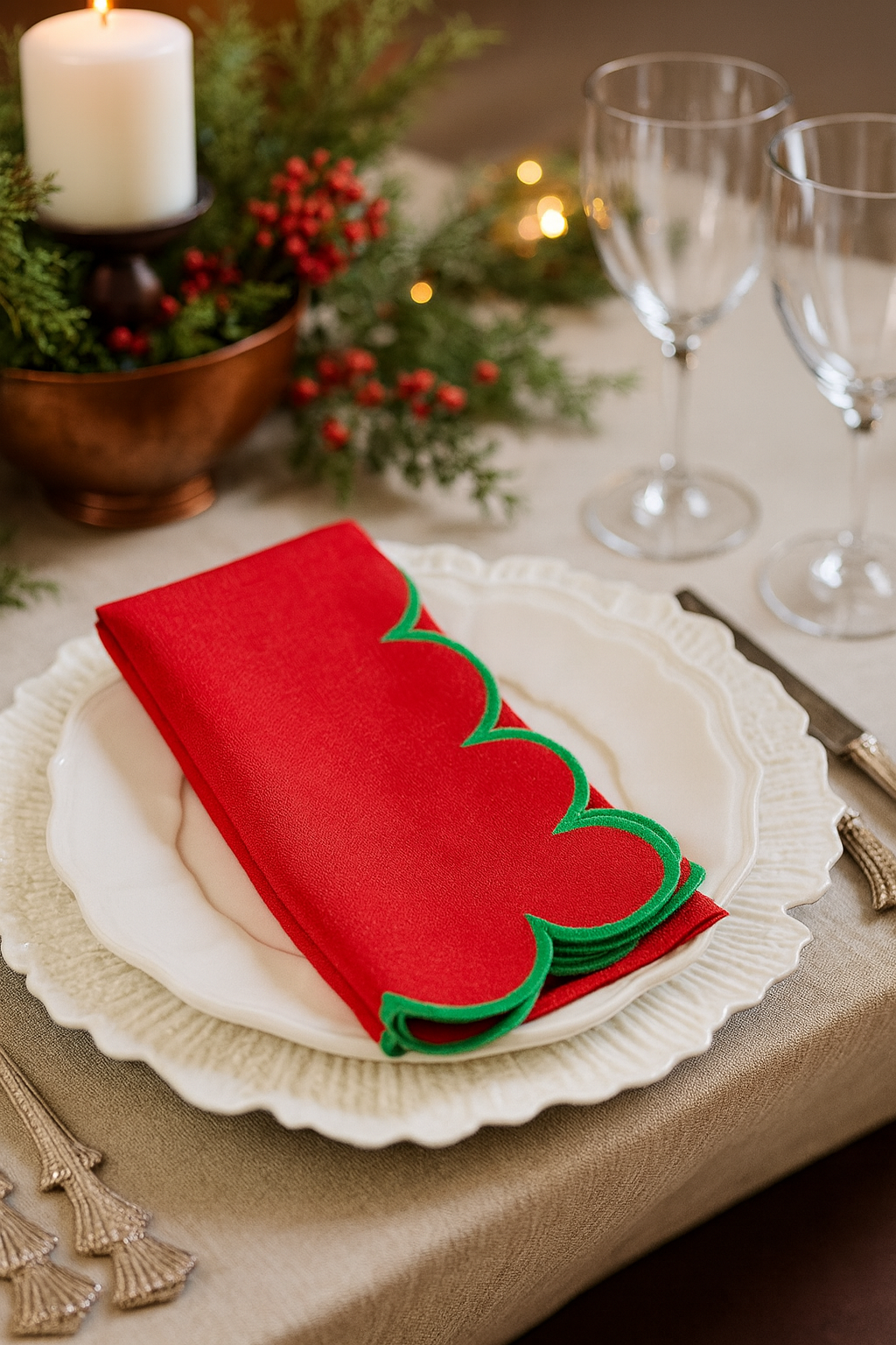 8124 - Green Scalloped Red Cotton 20" Dinner Napkin
