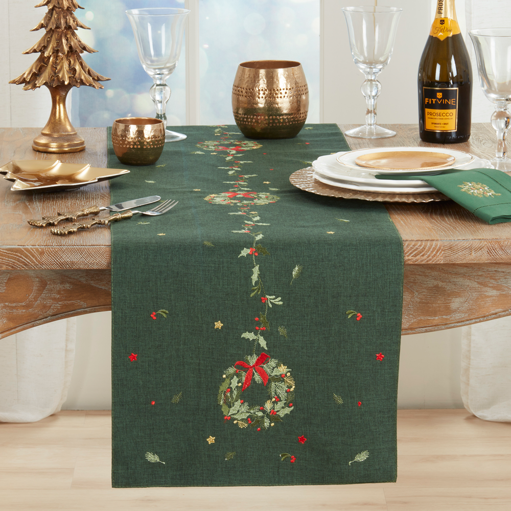 2694 - Green Embroidered Wreath Table Runner - 16"x70"