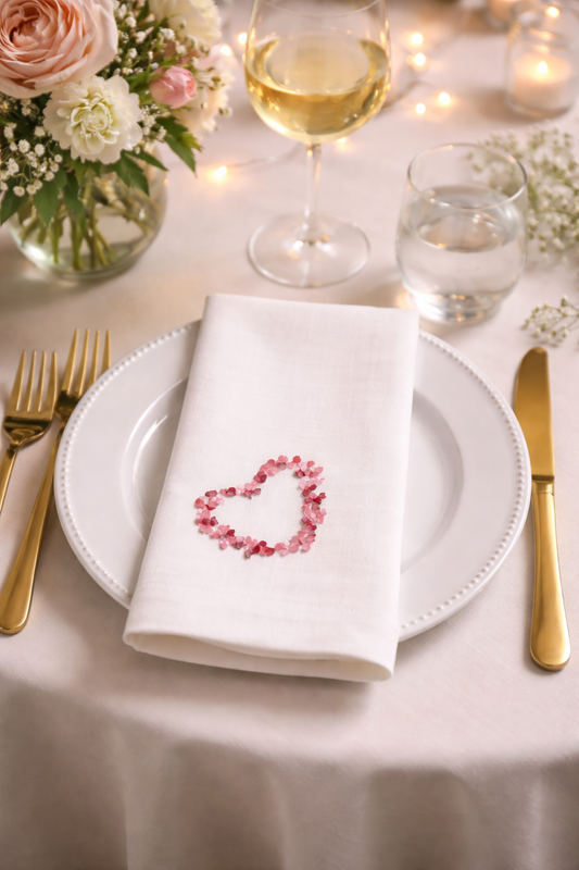 Red-Pink Embroidered Hearts White 20" Dinner Napkin