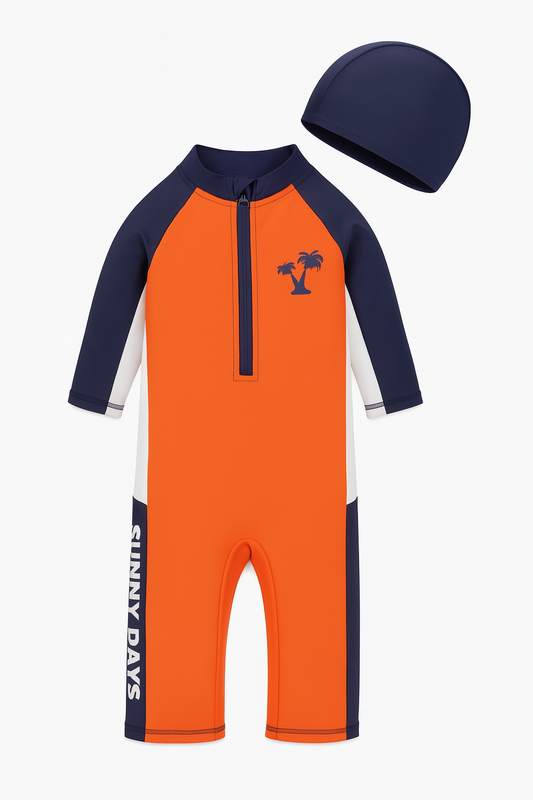 Palm Tree Rash Guard, Swim Hat 2pcs Boy Swimwear
