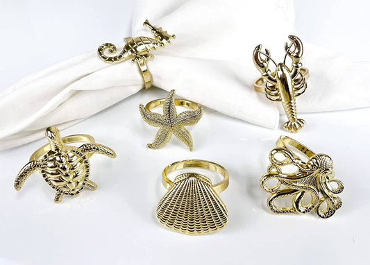 NR0175 - Gold Coastal Sea Creatures Metal Napkin Rings - Set of 6