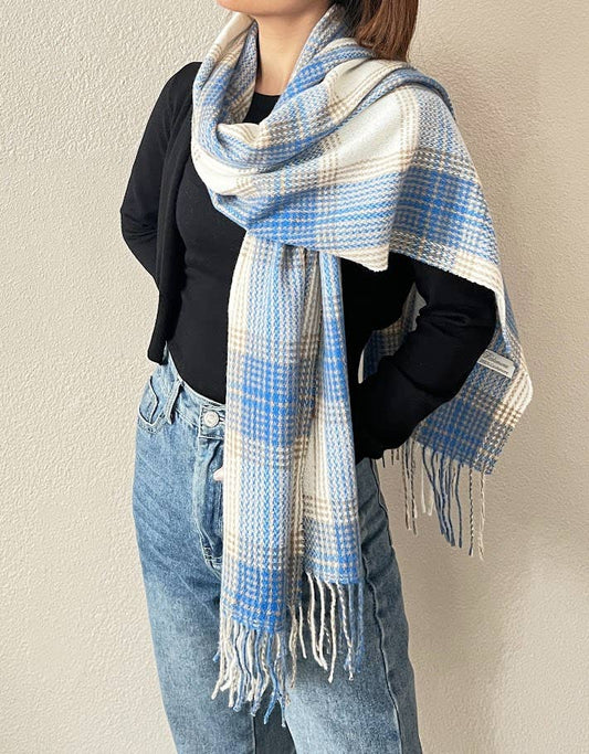Blue Classic Plaid Cashmere Wrap Scarf with Fringe