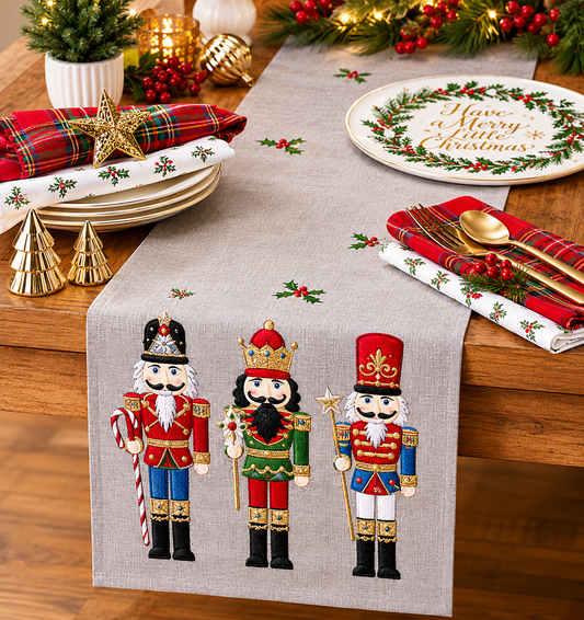Embroidered Nutcrackers Grey Table Runner - 14"X70"