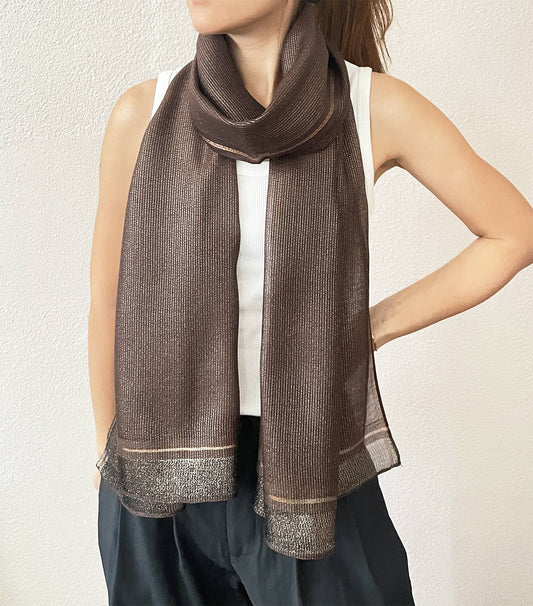 Brown Shimmering Striped Silk Blend Wrap Scarf