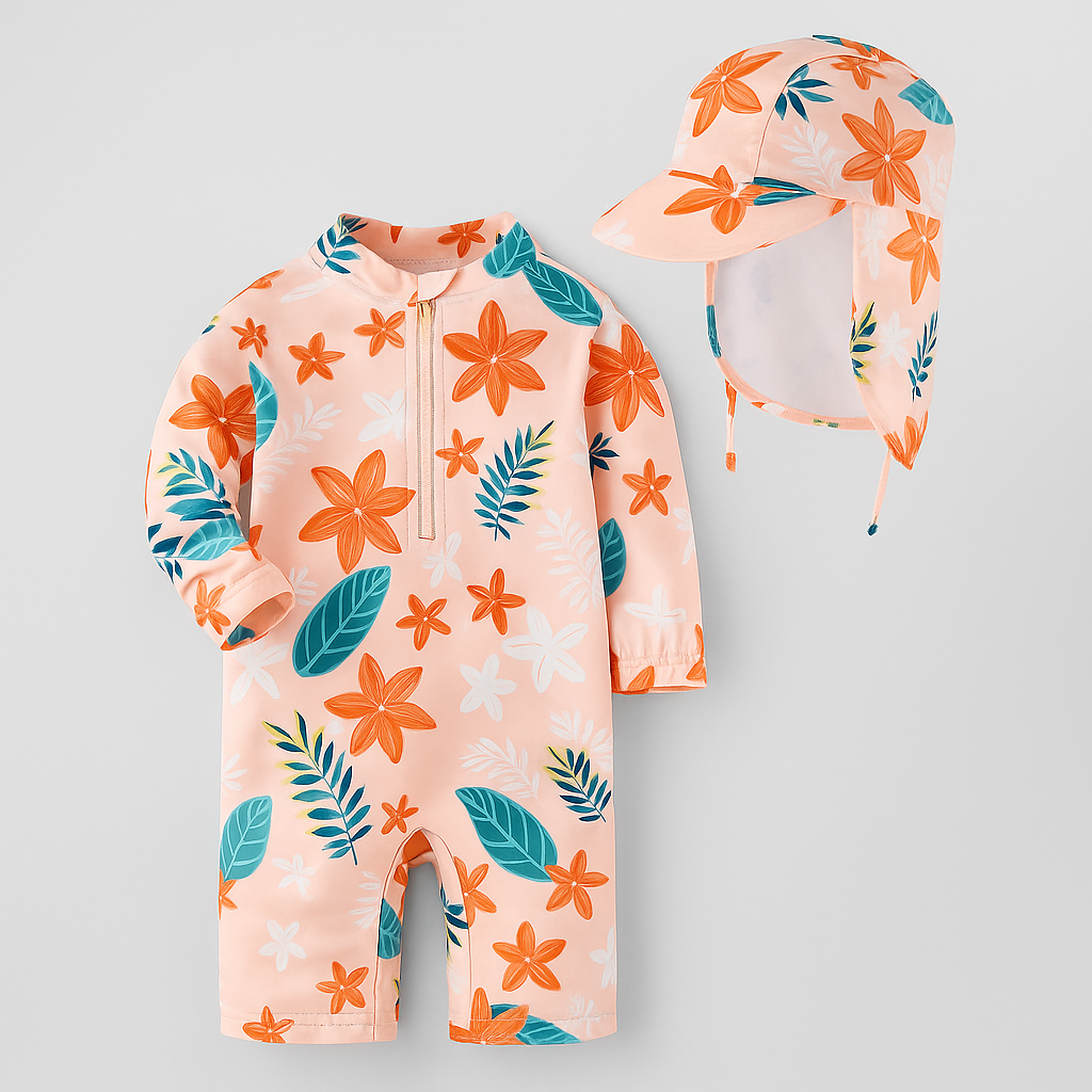 Peach Floral Rash Guard & Sun Hat 2pcs Toddler Girl Swimwear