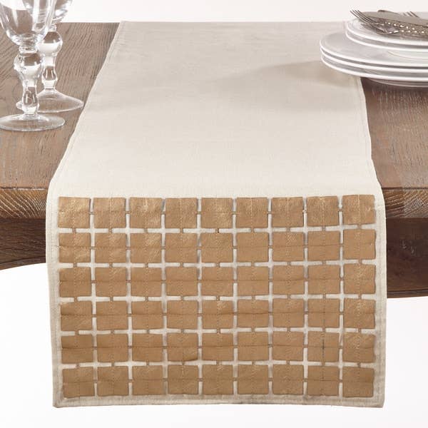 6011 - Gold Metallic Square Cutwork Linen-Poly 14x72 Table Runner