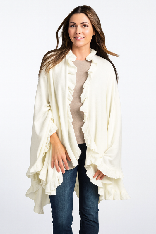 Ivory Trim Knit Open Front Warm Poncho Cape