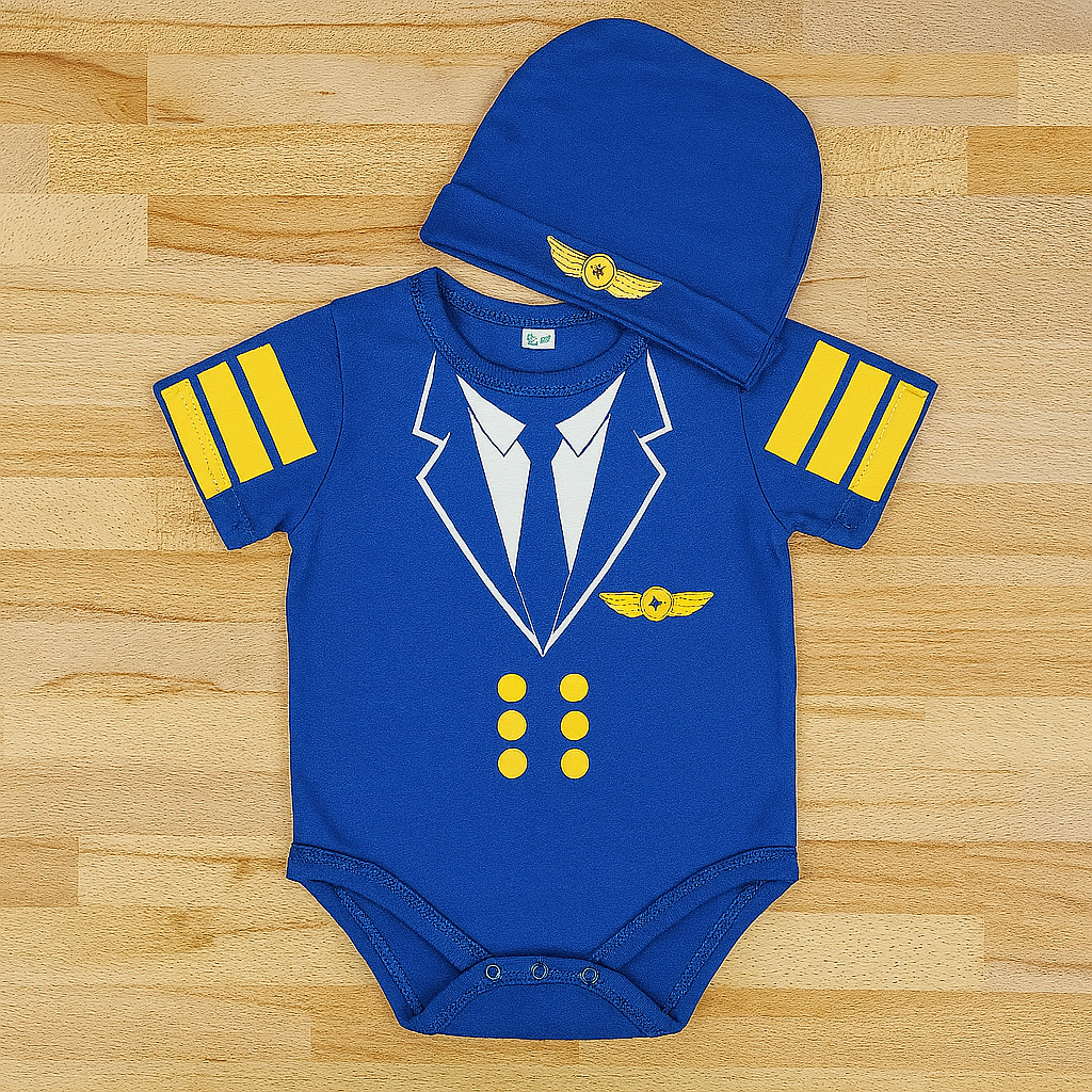 Blue Pilot Cotton Baby Romper and Hat