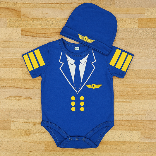 Blue Pilot Cotton Baby Romper and Hat