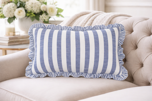 4423 - Navy Blue Double-Sided Striped Ruffle 12"X20" Throw Pillow