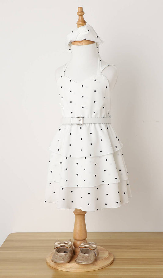 White Dots Little Girl A-Line Dress, Belt & Headband