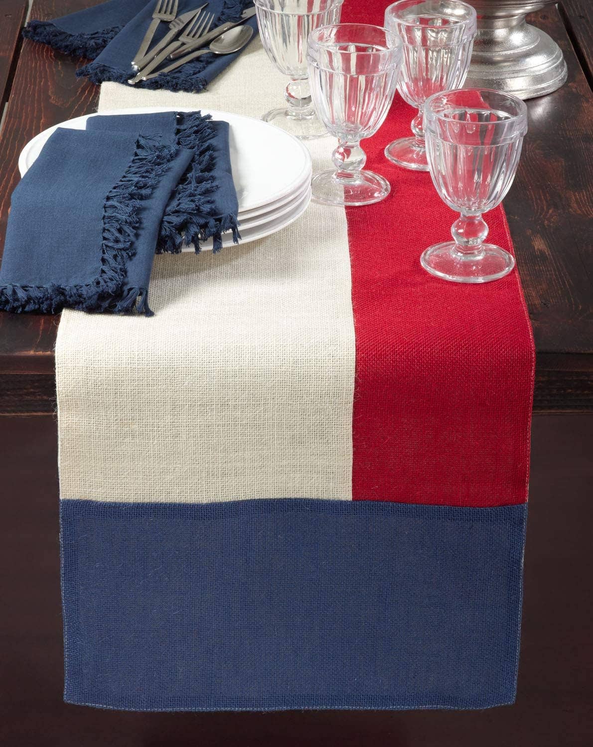 513 - Color Block USA Flag Burlap 16"X72" Table Runner