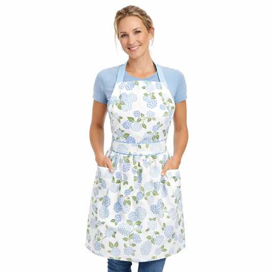 Blue Hydrangea Garden Print Cotton Apron