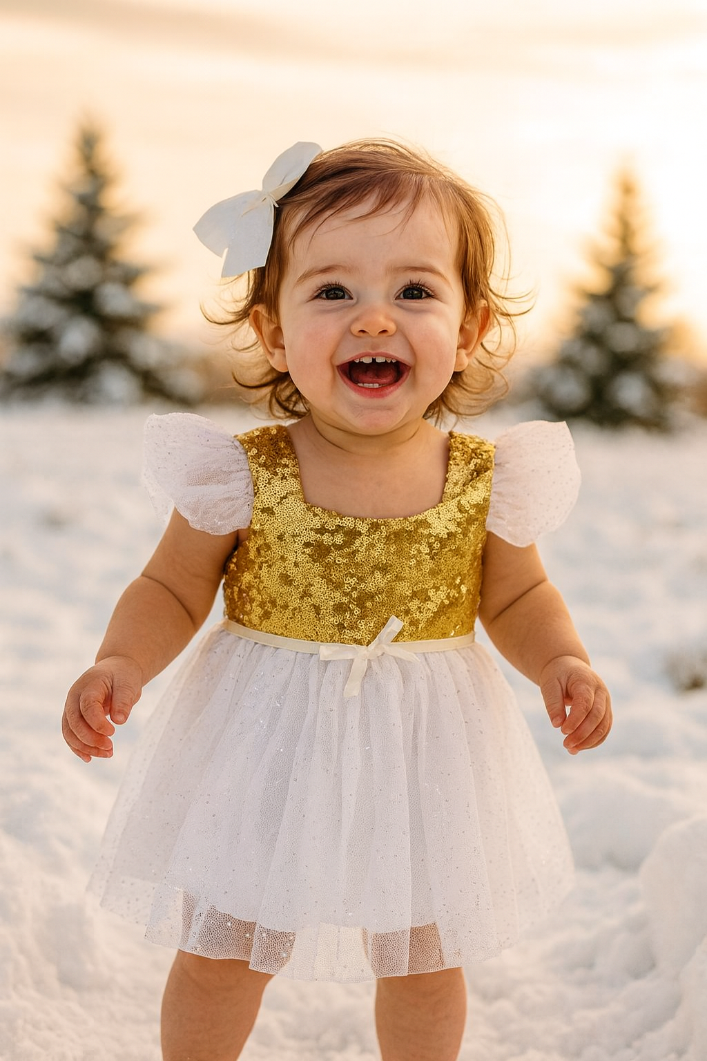 White Gold Sequin Tulle Flower Dress