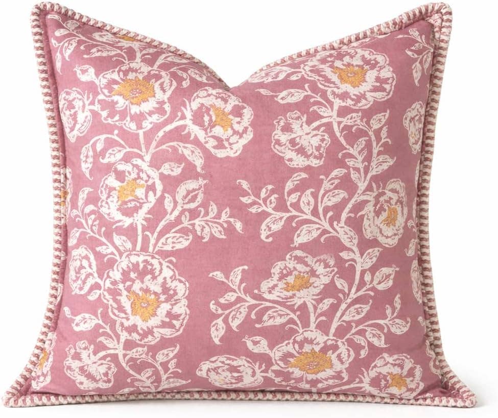 Blush Pink Floral 18" Throw Pillow with Contrast Piping
