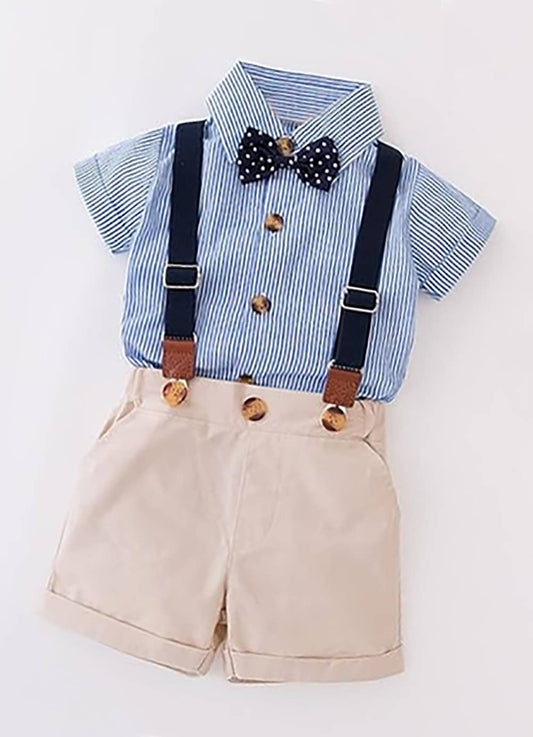 Blue Striped Shirt, Shorts, Suspenders 3-Piece Baby Outfit