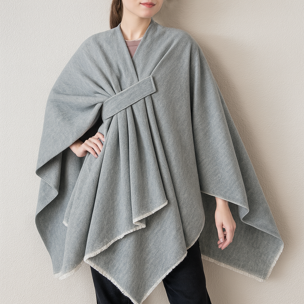 Light Grey Fringe Poncho Warm Open Front Shawl Cape