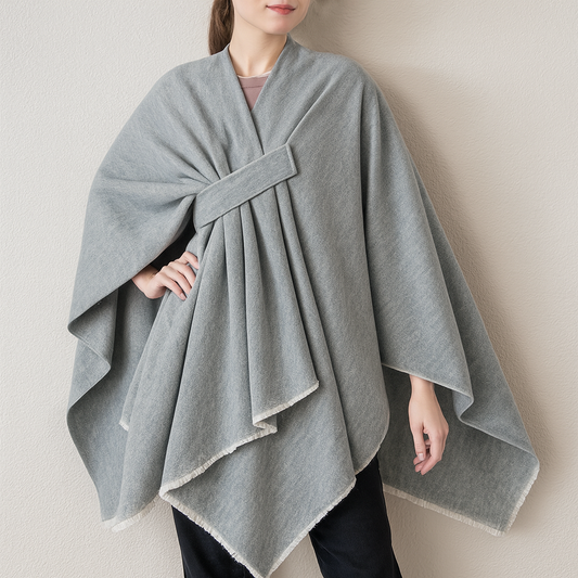 Light Grey Fringe Poncho Warm Open Front Shawl Cape