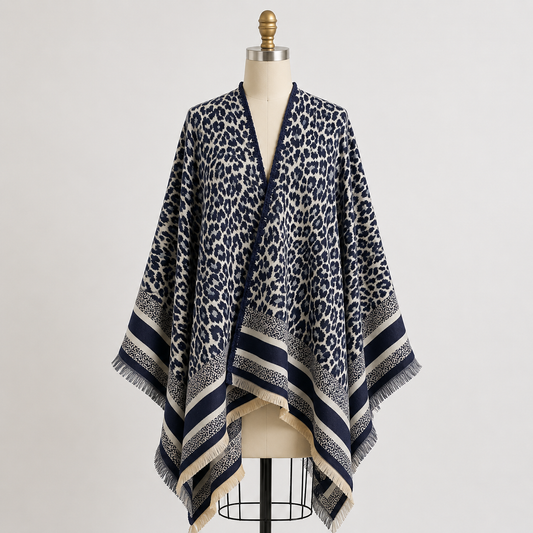 Navy Blue Leopard Cashmere-Feel Shawl Wrap Poncho