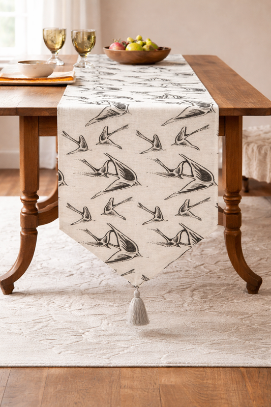 Black Swallow Bird Reversible Cotton 14"x72" Table Runner