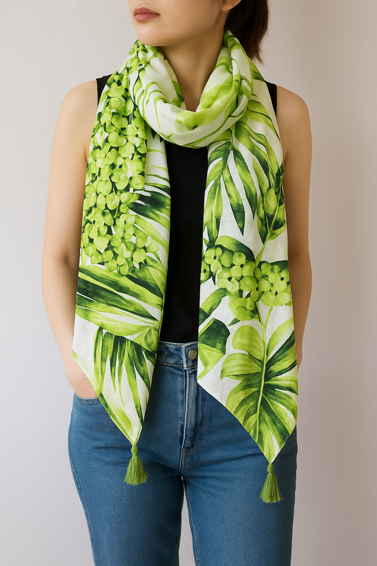 Green Tropical Leaf Pineapple Tassel Wrap Scarf